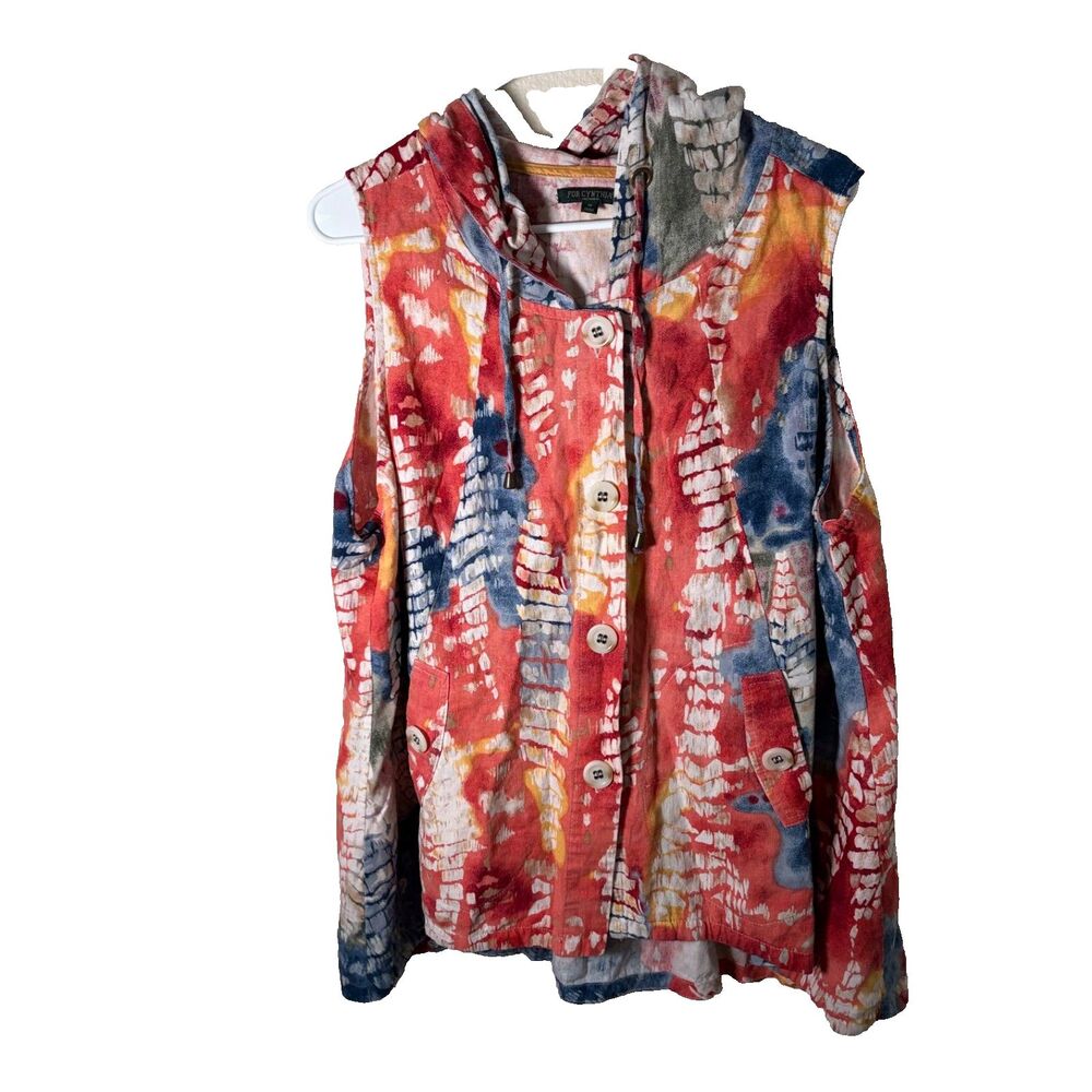 For Cynthia Sweatshirt Women's 1X Tie Dye Button Up Hoodie Sleeveless Linen